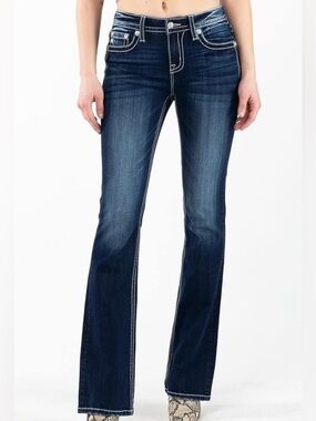 Miss Me Embellished Dark Indigo Wash Straight Leg Cross Pocket Western Y2K Jeans